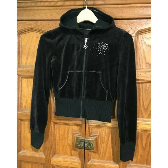Limited Too Black Velvet Hoodie w Rhinestones Zipper Sweatshirt Pockets Size Y14 - Picture 1 of 8